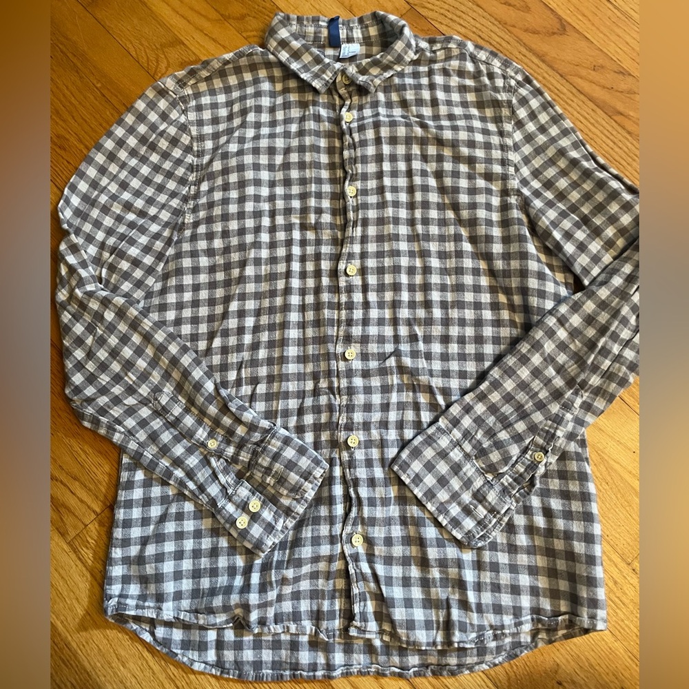 Men's Long Sleeve Gray Checkered Shirt - Size Medium